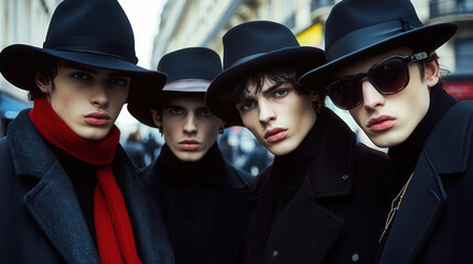 Obraz premium Old photo of several young men taking a group photo on the street