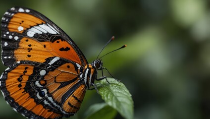 A close-up view of a butterfly's delicate wings, showcasing intricate patterns in shades of orange, black, and white. The fine scales on the wings are visible with a soft bokeh background 