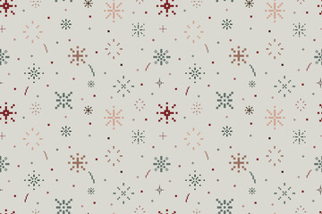 Pixel fierworks seamless pattern. Many multi-colored pastel sparkles. Festive print. Christmas, New Year wrapping paper. Holiday textile. Geometric decorations.