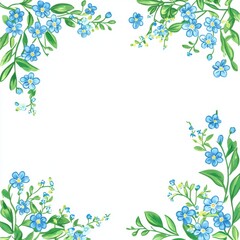 A decorative border featuring Forget-Me-Not Flowers and green leaves, suitable for invitations or stationery.