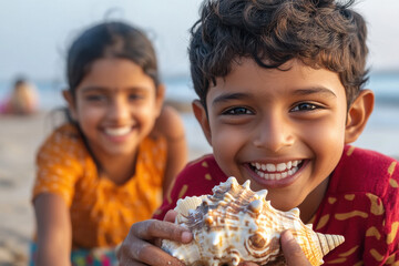 Naklejka premium a happy Indian boy and girl playing with seashells on the beach, close-up