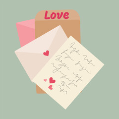 Valentines Day card of postal envelopes with love letters. Romantic letters and envelops with greeting postcards, holiday mails. Simple, minimalistic, holiday card.