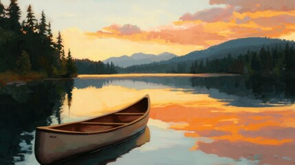 Tranquil Canoe on Serene Lake at Sunset with Reflective Waters