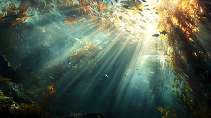 Sunbeams Illuminate Kelp Forest, Fish Swim, Underwater Ocean Scene, Nature Background, Stock Photo.