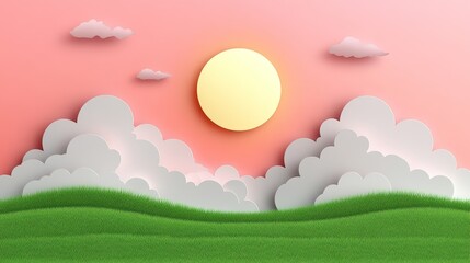 Paper art sunset landscape with soft pink sky, fluffy clouds, and green rolling hills
