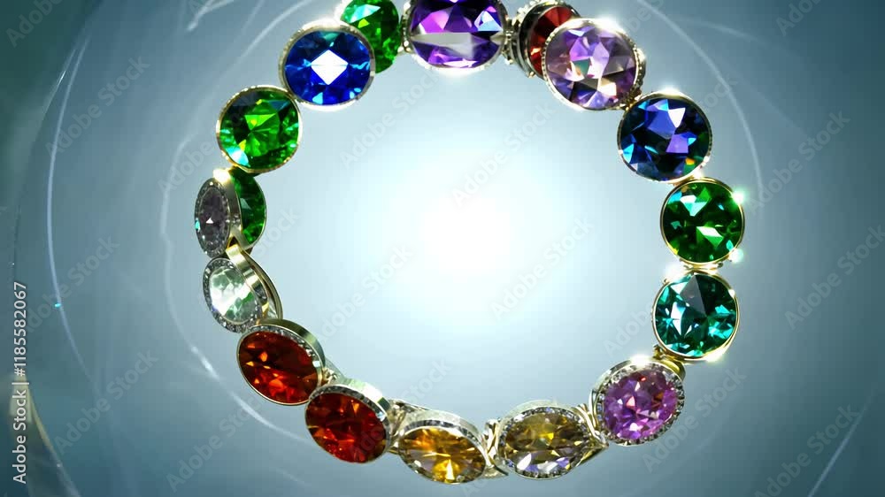 Poster slow motion video, ambient light, a collection of rings with diverse gems that float in a circular f