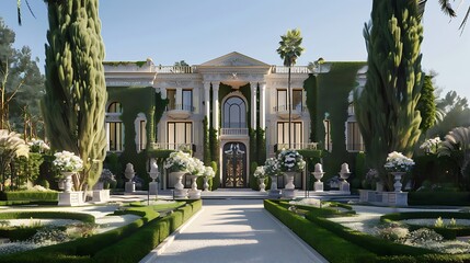 Obraz premium A grand mansion surrounded by lush gardens and elegant landscaping.