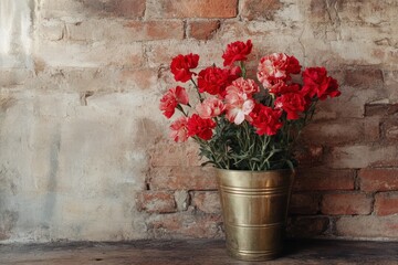 Red and pink carnations in a brass pot against a brick wall