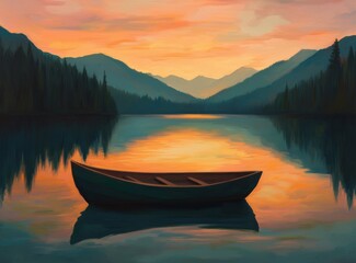 Serene Sunset Over Calm Lake with Canoe and Majestic Mountains