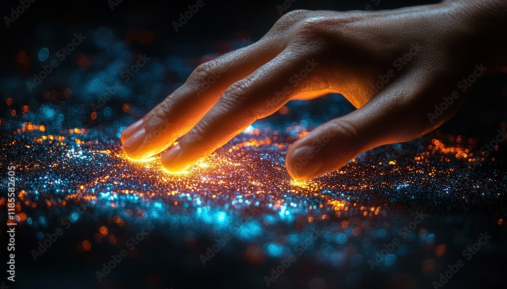 Poster hand touching glowing particles on a surface; a tech backdrop