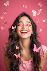 Young beautiful indian woman wearing jewelry giving happy expression