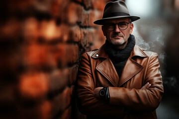 Adult rugged man in hat and leather coat standing by brick wall.