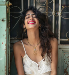 Fototapeta premium Young beautiful indian woman wearing jewelry giving happy expression