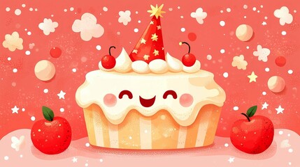 Cute Cartoon Happy Birthday Cake with Cherries and Apples
