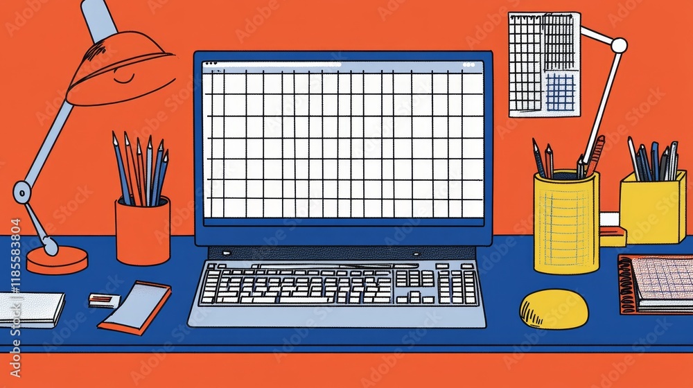 Aufkleber a stylized illustration of a tidy and organized workspace with a computer