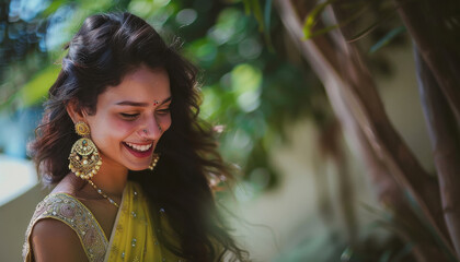 Fototapeta premium Young beautiful indian woman wearing jewelry giving happy expression