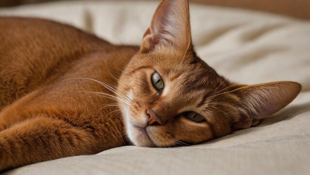 Sorrel abyssinian cat lying on sofa at home