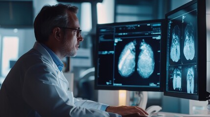 A radiologist examining a digital mammogram image on a high-resolution monitor in a modern imaging center