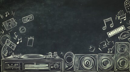 Chalkboard Illustration Of Vintage Stereo System And Music Notes
