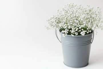 Fototapeta premium White Baby Breath Flowers in Grey Metal Bucket