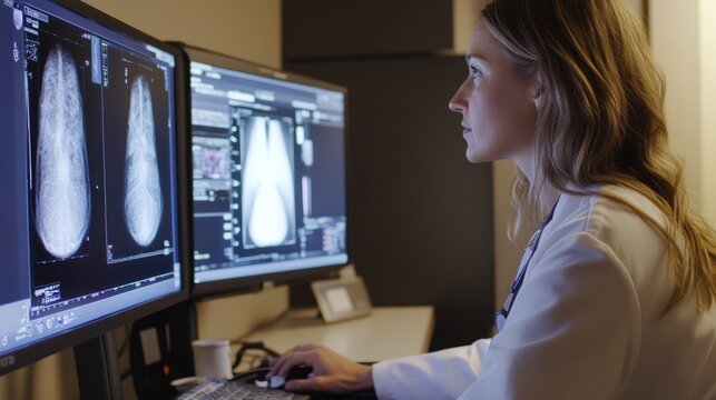 A radiologist examining a digital mammogram image on a high-resolution monitor in a modern imaging center
