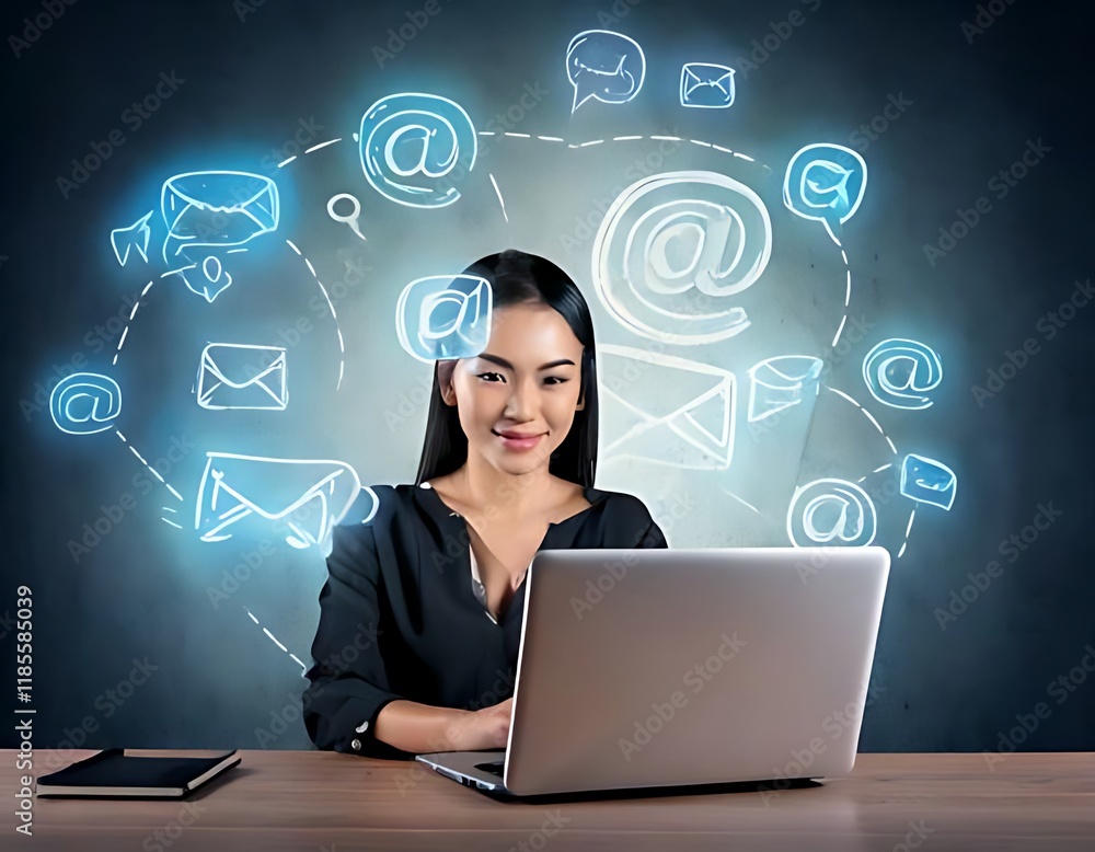 Poster a person working on a laptop with email icons floating around