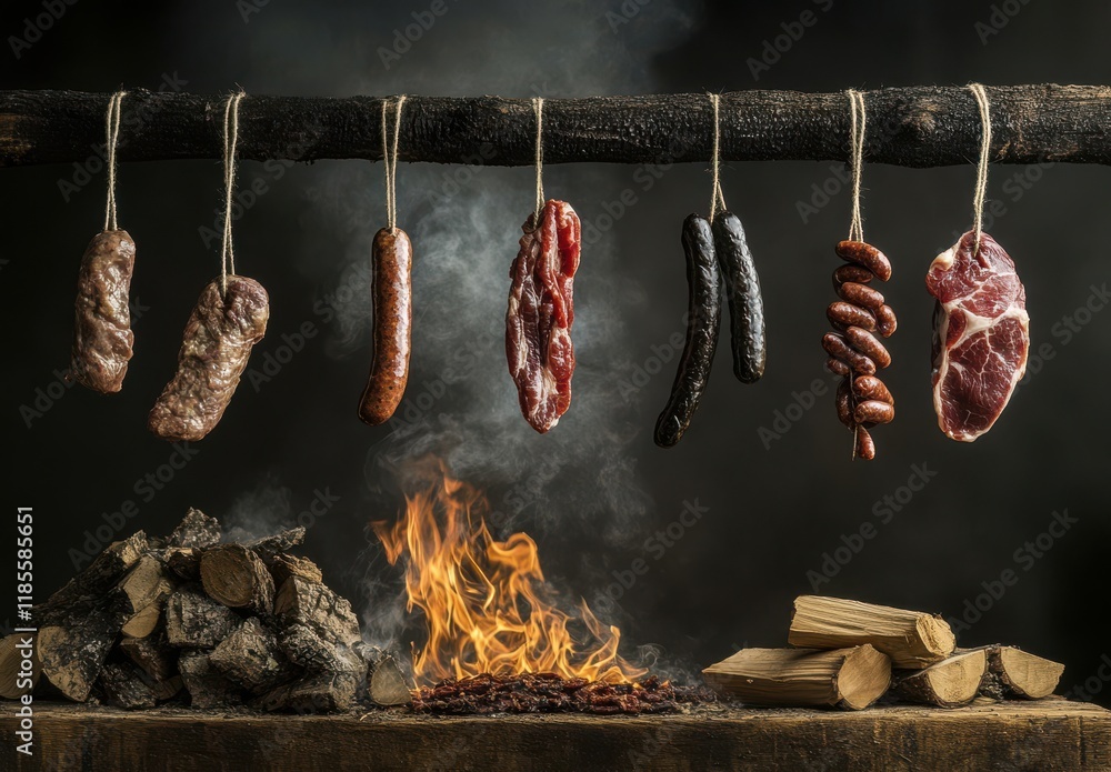 Poster a rustic display of various meats hanging over a fireplace, showcasing traditional curing methods an