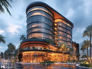 A modern, sleek building with large glass windows and palm trees, showcasing contemporary architecture.