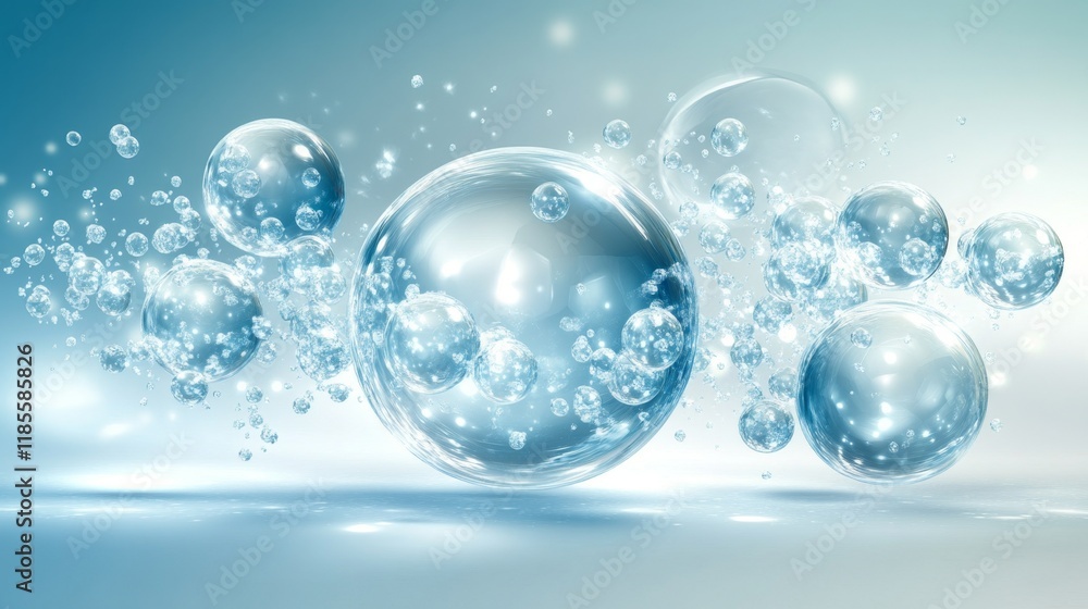 Poster abstract background of floating bubbles in light blue space