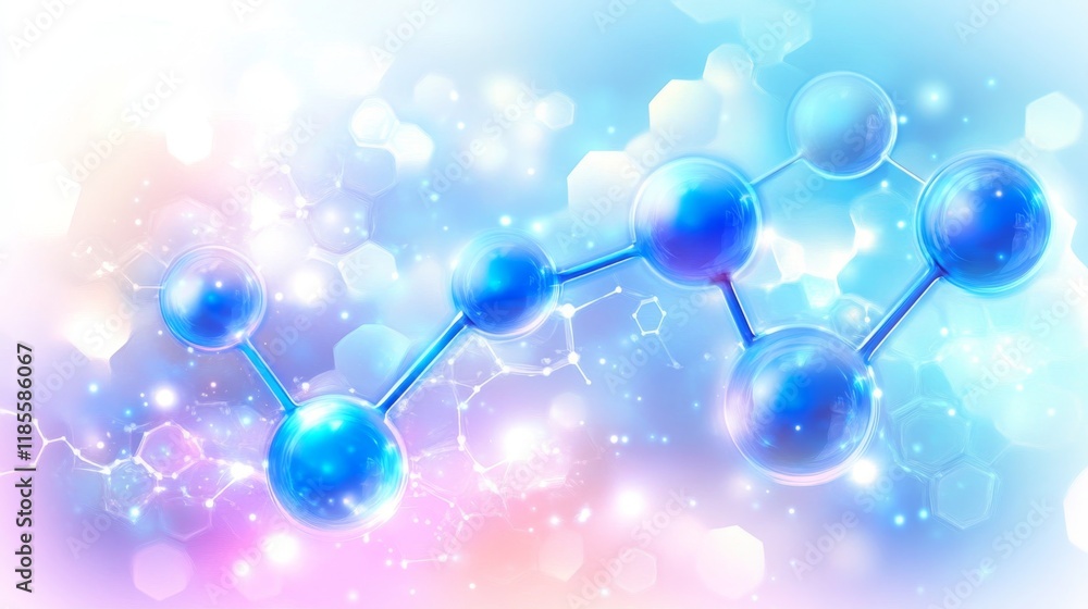 Poster abstract molecular structure with bokeh background in blue and pink