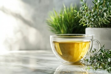 A tranquil moment enjoying green tea in a glass teacup cozy kitchen setting natural light relaxation concept