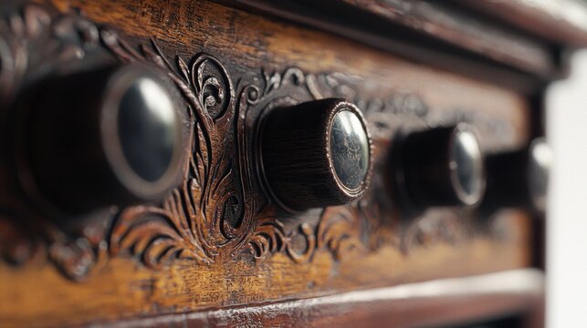 Antique wooden cabinet with intricate carvings and polished knobs showcasing craftsmanship from a bygone era