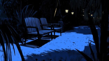 Nighttime view of a snow-covered patio with shadowy furniture and distant light