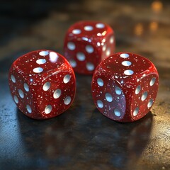 Three red dice with white dots on them