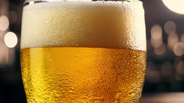 Slow zoom-out video of pale ale beer being poured into a glass, the liquid flows from a tap, with blurred brewery setting in the background, ambient light