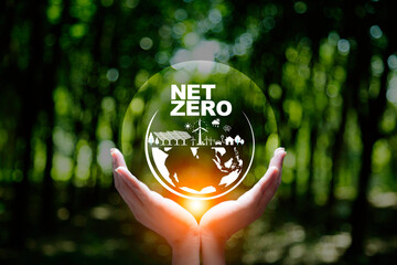 Net zero, carbon neutrality, Renewable energy concept. Net zero on hand and Green energy icon around it at green wall background, Renewable Sustainable. earth day ,friendly energy,.