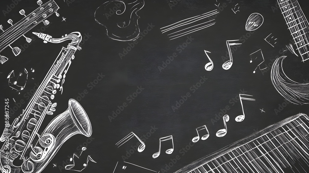 Poster musical instruments and notes on a chalkboard background
