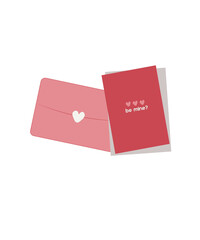 Simple Valentines Day card set with envelope. Flat vector hearts hand drawn doodle. Simple, minimalistic, holiday card.