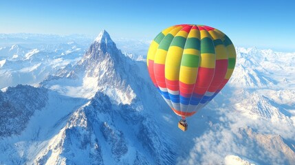 Fototapeta premium Colorful hot air balloon soaring over majestic snow-capped alpine mountains