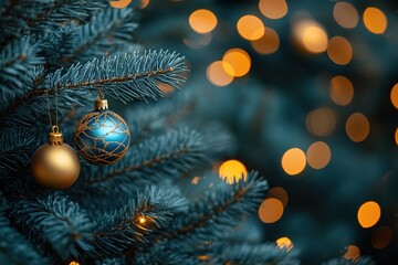 A close-up of a decorated Christmas tree with ornaments and warm bokeh lights in the background.