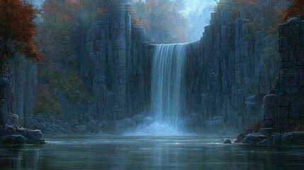 Obraz premium Serene Waterfall Cascading Through Dark, Autumnal Cliffs
