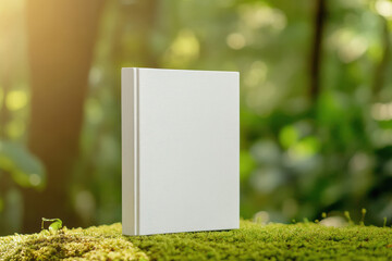 A white book A4 stands on a moss lawn in the foreground.