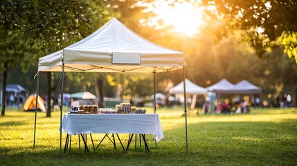 A minimalist sales tent with a simple table covered in a crisp white cloth, blank rectangular storefront sign positioned above the entrance, soft blurred background of a park setting