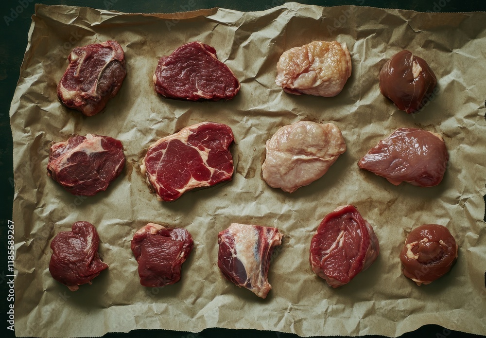 Poster assortment of fresh meat cuts displayed on brown parchment paper in a rustic style, highlighting tex