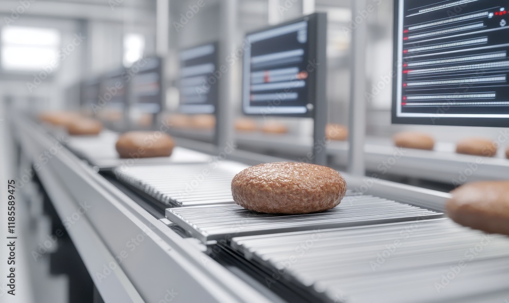 Poster automated food production line with hamburger patties moving along conveyor belt in modern factory w