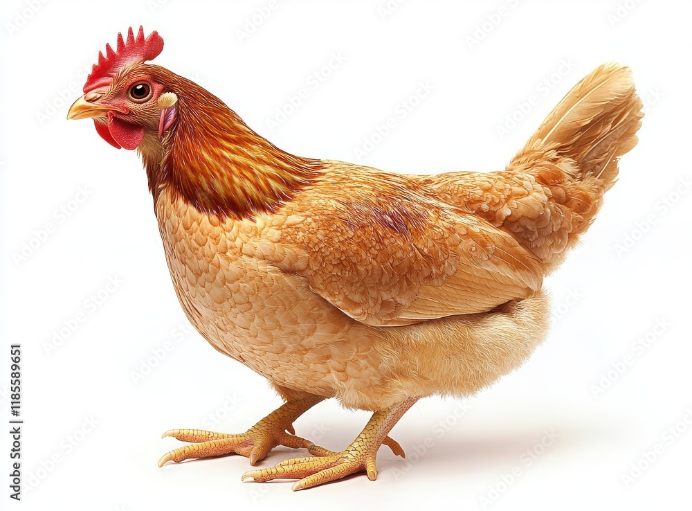 Poster captivating image of a brown hen standing upright against a clean white background, showcasing the t