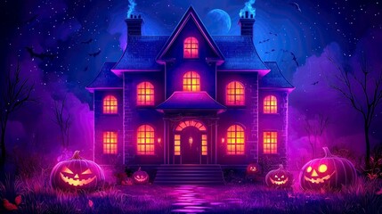 Fototapeta premium Enchanted Halloween House: Spooky Night Scene with Jack-o'-lanterns