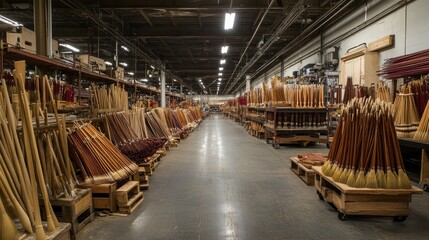 A factory floor with rows of toilet brush components ready for assembly.