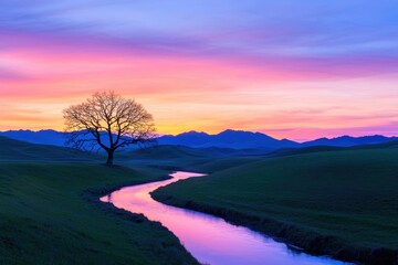Fototapeta premium Serene Landscape with Tree and Reflections at Sunset in Nature