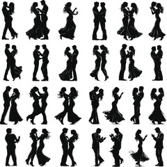 Ballroom Party Dance Couple Silhouettes, Silhouettes of the pairs dancing ballroom dances. couple man woman ballroom dancers tangoing silhouette. Young couples silhouette dancing on white background.